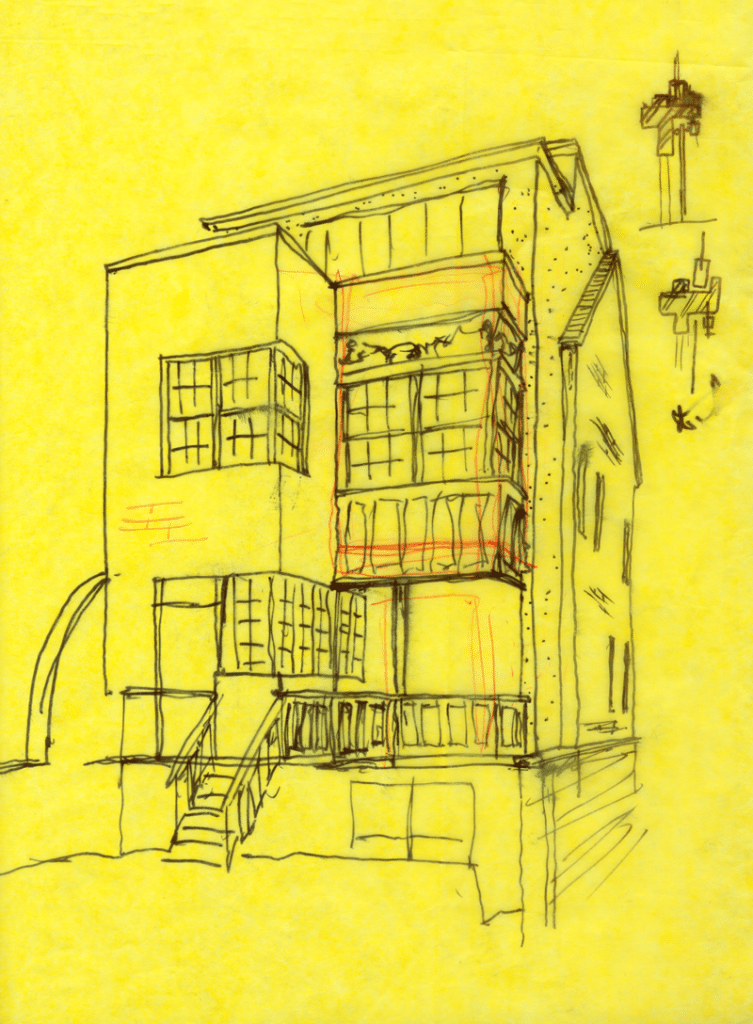 A free-hand sketch of the proposed design for the rear of the house by Ralph Gillis.