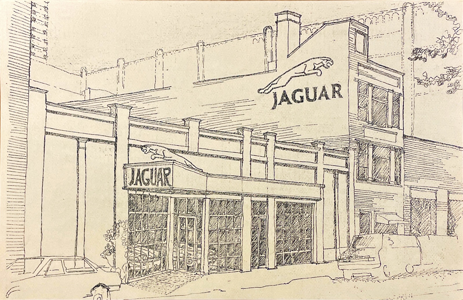 Architectural drawing for a proposed Jaguar dealership design in New York City