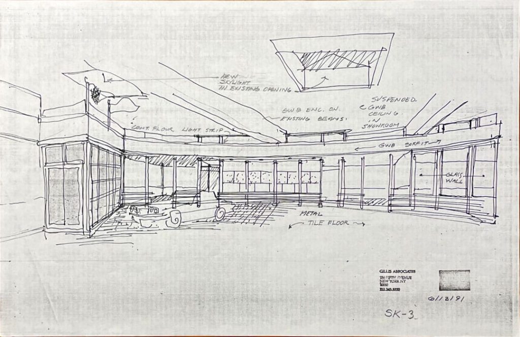 Architectural drawing for a proposed Jaguar showroom design in New York City