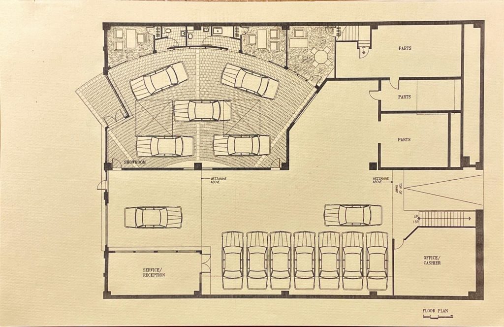 Architectural drawing for a proposed Jaguar dealership floor plan design in New York City